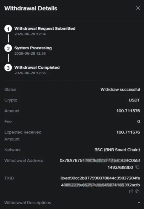 KCEX withdrawal history showing completed 100 USDT BSC withdrawal with 0 fee